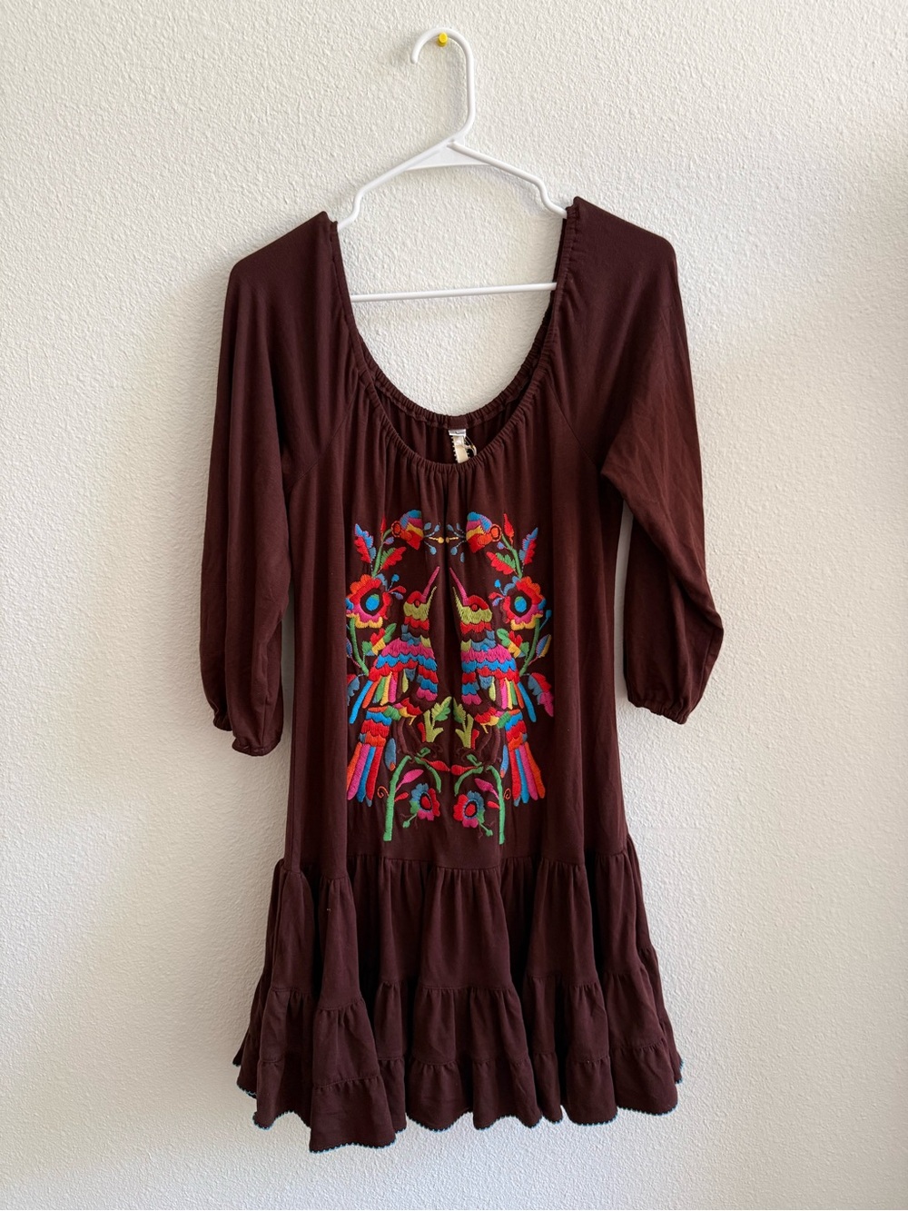 Uncle Frank Brown Embroidered Boho Dress with Colorful Floral Motif